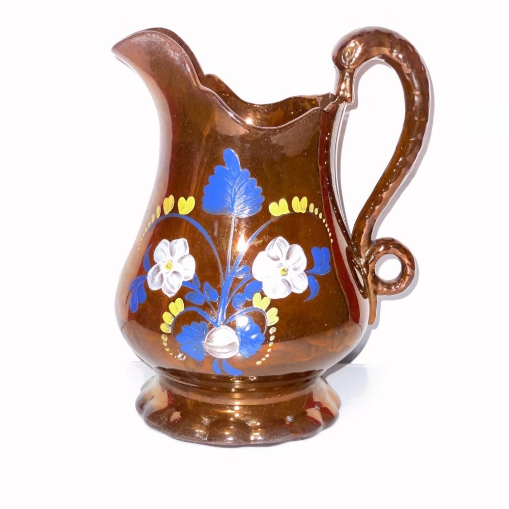 Antique 19th Century Art Deco Jersey Ceramic Water Pitcher Decorated Flowers